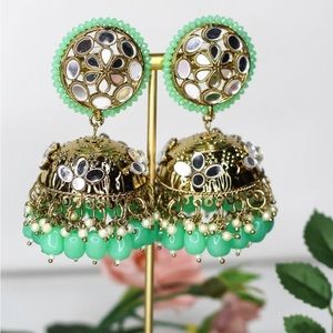 Gorgeous green mirrored earrings (jhumkas) perfect to dress up any outfit!